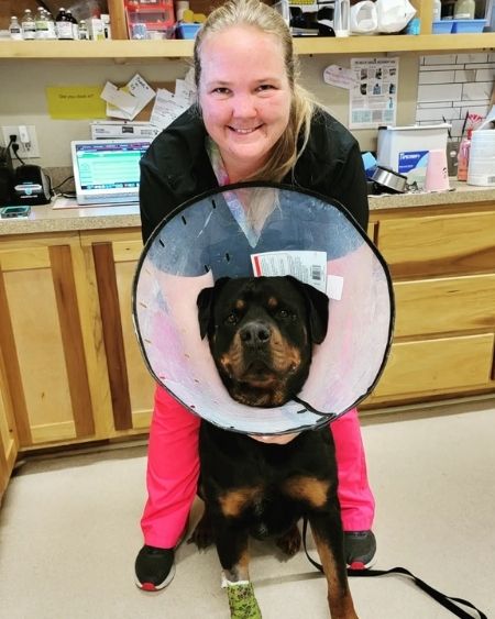 Texas West Animal Health Staff holding a dog wearing a cone